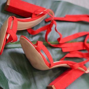 RED STRAP UP BLOCK HEELS